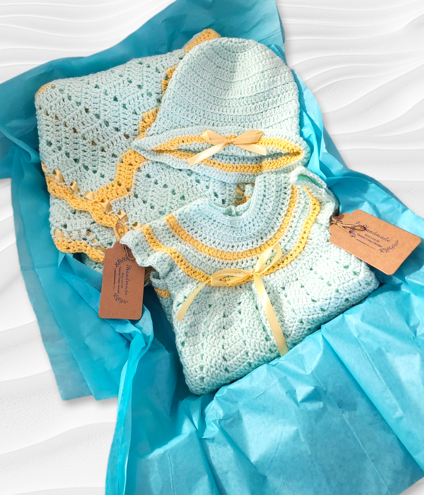 Handmade 6 to 12 month old baby girl dress, bonnet and blanket