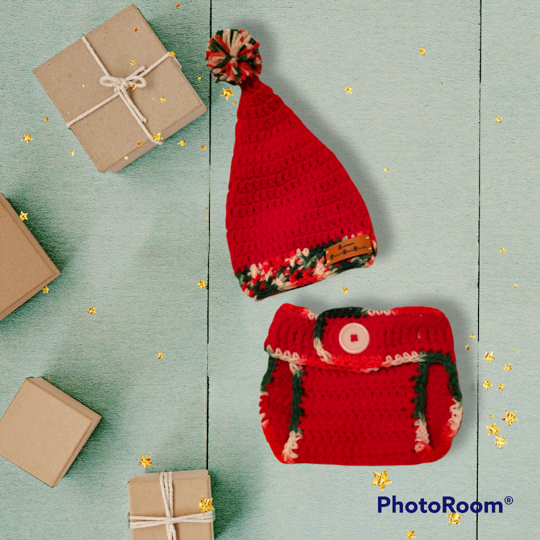 Handmade Crocheted 0 to 3 month Santa hat and diaper cover