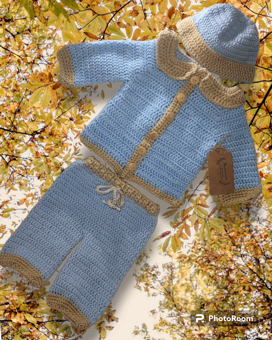 Boys 0 to 3 months hat, cardigan, and pants