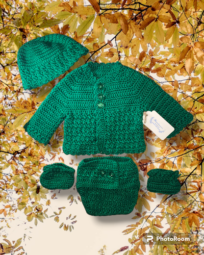 Handmade 0 to 6 month baby girl cardigan, hat, diaper cover and booties