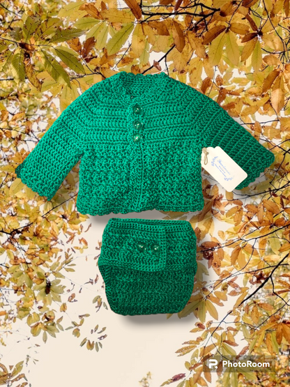 Handmade 0 to 6 month baby girl cardigan, hat, diaper cover and booties