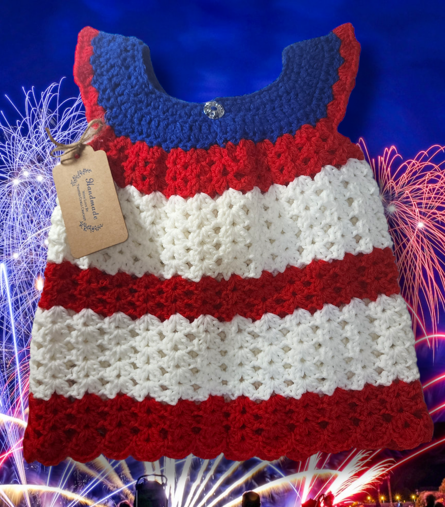 0 to 6 month handmade little girl dress in red, white and blue