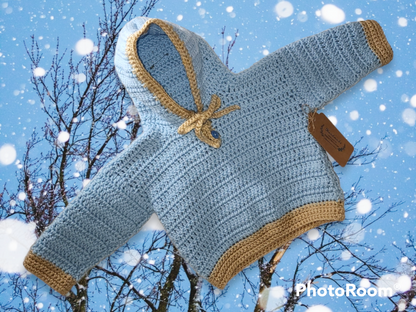 Hand crocheted hooded 12 to 18 month old baby boy sweater