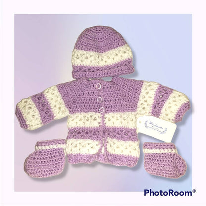 Handmade baby girl newborn set with blanket, hat, cardigan, and booties