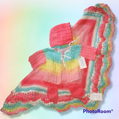 Handmade 0 to 6 months baby blanket, sweater, bonnet and booties