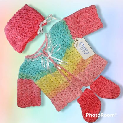 Handmade 0 to 6 months baby blanket, sweater, bonnet and booties