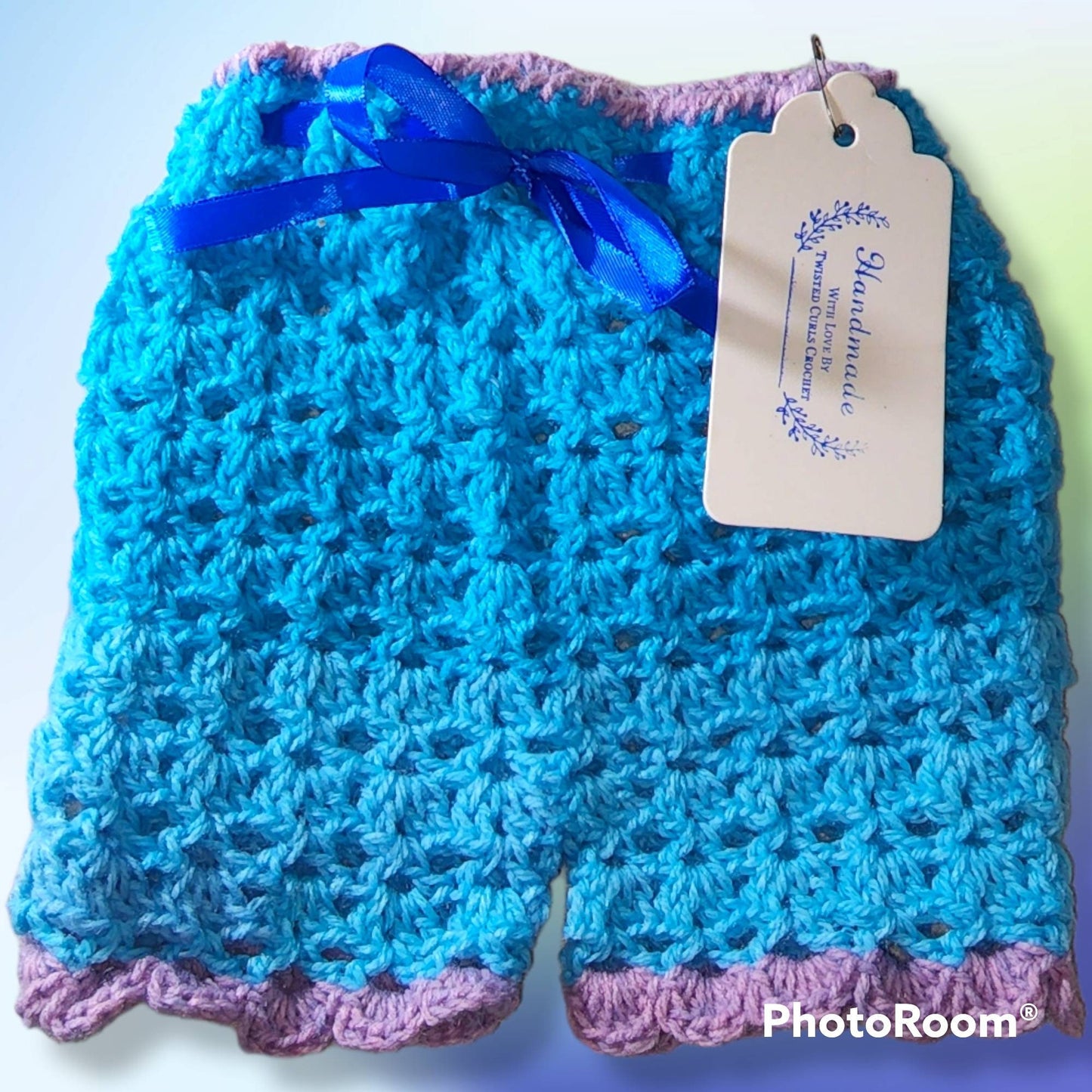 Handmade baby blanket, 0 to 6 months bonnet, dress and bloomers set