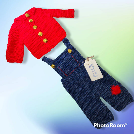 Handmade boy newborn sweater and overall set