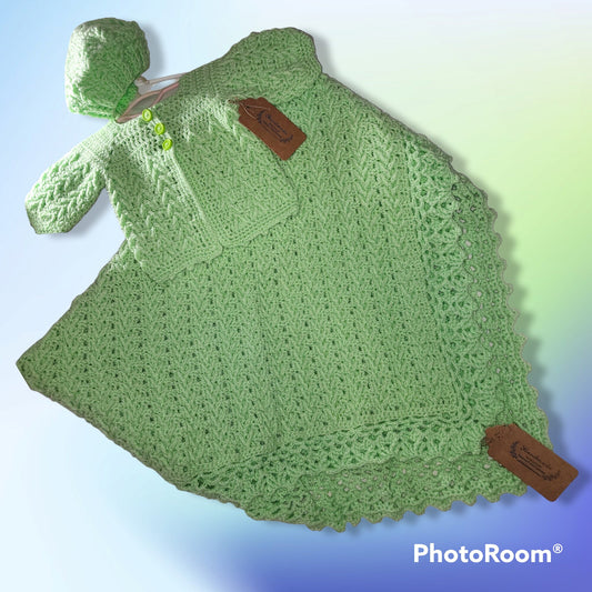 Crocheted baby blanket, newborn cardigan and hat set
