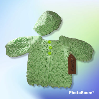 Crocheted baby blanket, newborn cardigan and hat set