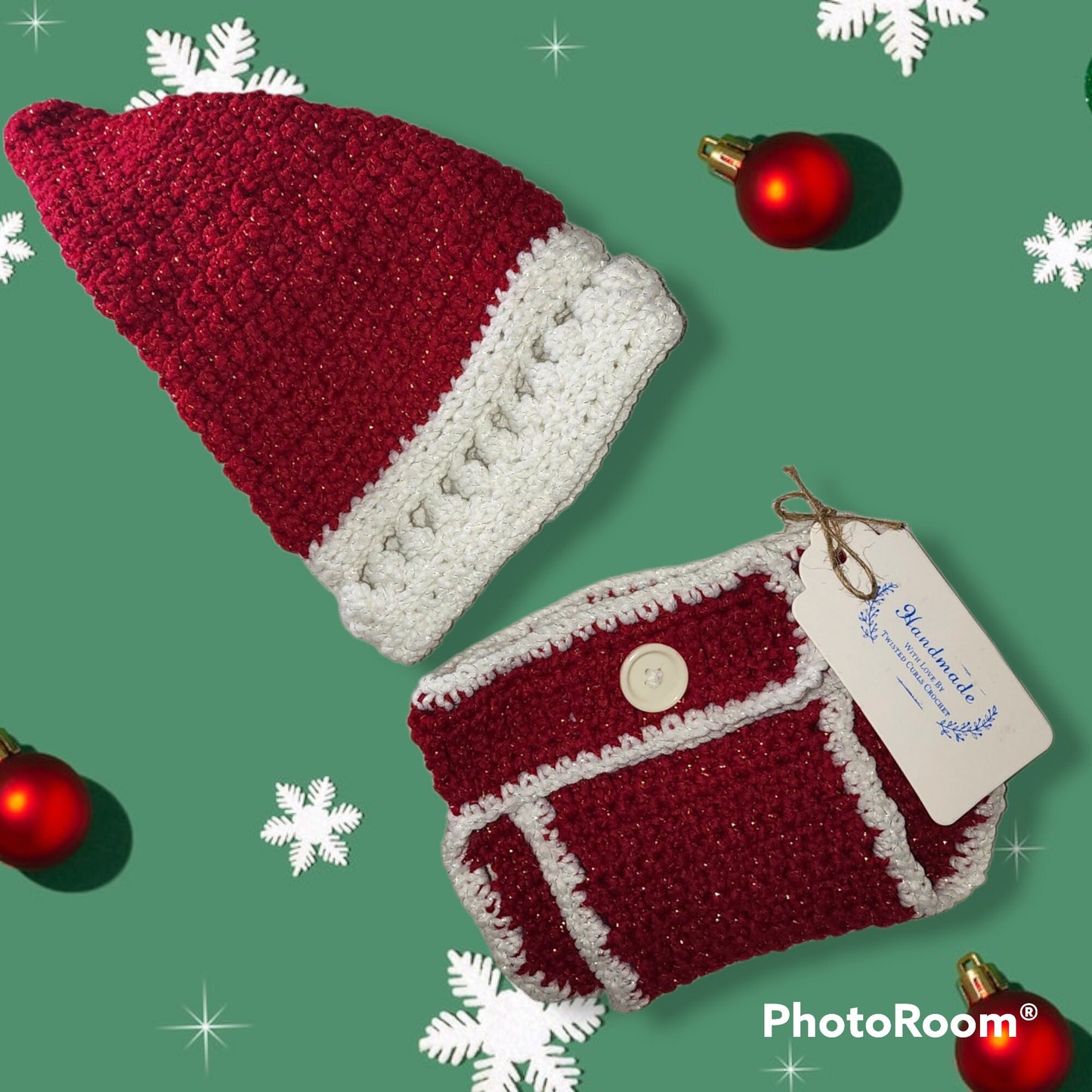 Handmade Crocheted newborn Santa hat and diaper cover