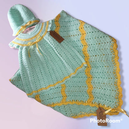 Handmade 6 to 12 month old baby girl dress, bonnet and blanket